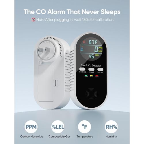 5-in-1 Carbon Monoxide Detectors, Natural Gas Leak Detector, Plug-in & Battery Backup Portable Co Detector, Co Gas Temp Humidity Sensor, HD Display Screen Vilfet, 1-Pcs, Black