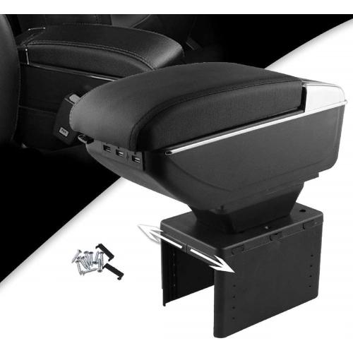 Armrest Box Double Layer Front Center Console Black Leather with Charging 7 USB Ports for Universal Car