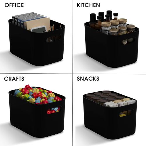 10 Pack Black Plastic Storage Bins, Storage Container for Organizing, Storage Boxes with Handle for Shelves, Cute Organizer Bins for Craft, Snacks, Pantry, Cabinet, 9.69x6.7x5.7 inch