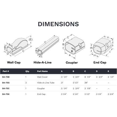 DuctlessAire Paintable Mini Split Line Set Cover Kit - Lineset Cover for Ductless Mini Split Air Conditioner Unit - Outdoor Cable Covers - Wall Cap, Hide-A-Line, Coupler & End Cap (White, 3 x 7.5 Ft)