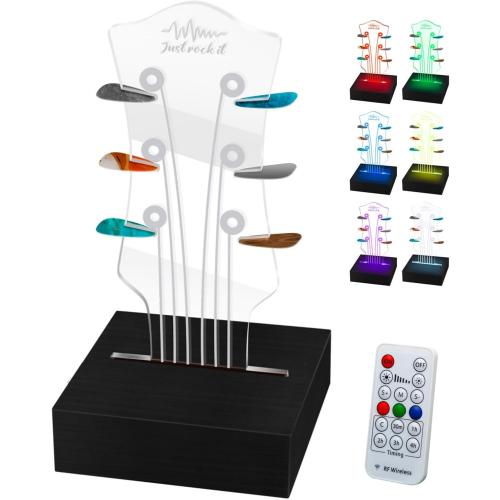 Guitar Pick Holder with with Remote Control & 7 Color LED Lights - Classic Headstock Shaped Display Case for 6 Picks, USB-Powered Music Decor & Nightlight Gift for Guitar Players