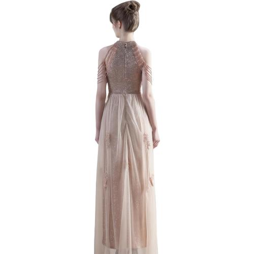 Size M Women Elegant Sequins Cocktail Dress Prom Ball Evening Gowns for Women Halter Wedding Dress Beaded Sleeve Mesh A Line Dresses