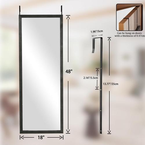 Over Door Mirror Wooden Frame, Full Length Hanging Mirror with Durable and Space-Saving Design for Bedroom, Bathroom, or Closet, Adjustable Height Hooks, Grey