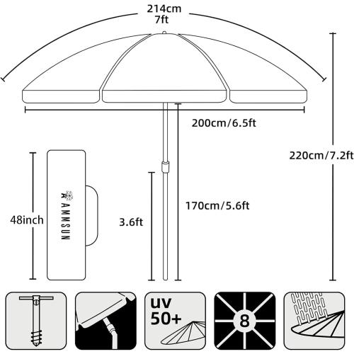 AMMSUN 7ft Heavy Duty HIGH Wind Beach Umbrella with sand anchor & Tilt pole Sun Shelter, UV 50  Protection Outdoor Sunshade Umbrella with Carry Bag for Patio Garden Beach Pool Backyard Blue