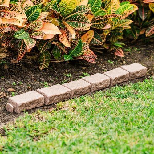 Landscape Edging | Garden Edging Border | Polyrock Bricks for Lawn edging, Flower beds, Pathways & Yard Edging– 4 Packs | Each Section Has 6 Bricks 48L x 4W x 2.25H | 12 Spikes |Cobblestone