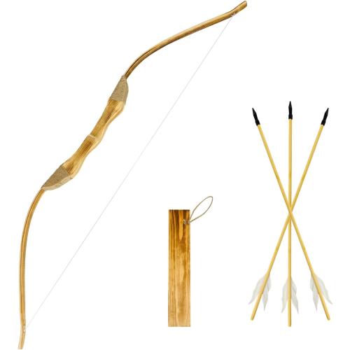 Youth Wooden Bow and Arrow Set, 40 Inch Handmade Wooden Bow and Arrow Cosplay Costume Prop Archery Set Games Toys, 1 Bows 1 Quivers and 3 Feather Arrows, Gifts for Kids Youth Boys and Girl