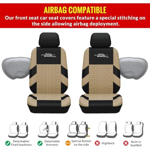 AUTOYOUTH Beige Seat Covers Front Seats Only, 3D Tyre Embossed Breathable Bucket Covers, Airbag Compatible, Quick Setup Universal Fit for Sedan, SUV, Truck, Van