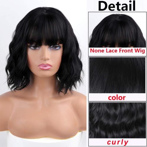 MISSQUEEN Short Wavy Black Wig with Bangs,Black Bob Hair Wigs for Women