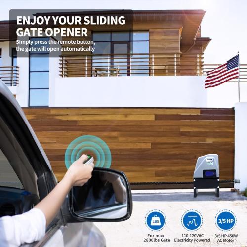 TOPENS CK1100 Automatic Sliding Gate Opener Chain Drive Electric Gate Motor for Heavy Driveway Slide Gate Up to 2800 Pounds, Security Gate Operator AC Powered with 20ft Roller Chain and Remote Control