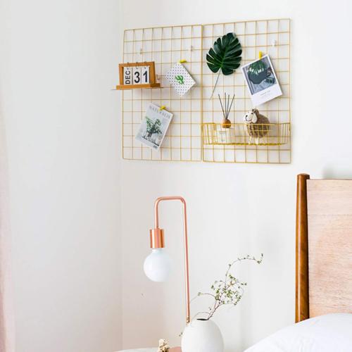 2 Pack Large Wall Grid Panels with Light and Clips, Photo Display Board, Picture Frame Collage Board, Wire Grid Wall Panel Room Decoration,Dark Gold