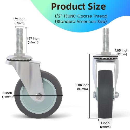 3 Inch Swivel Caster Wheels Set of 4, Heavy Duty Stem Caster Wheels 1/2 -13 x 1-1/2, Non-Locking 360 Degree TPR Rubber Casters for Furniture, Carts, Workbench