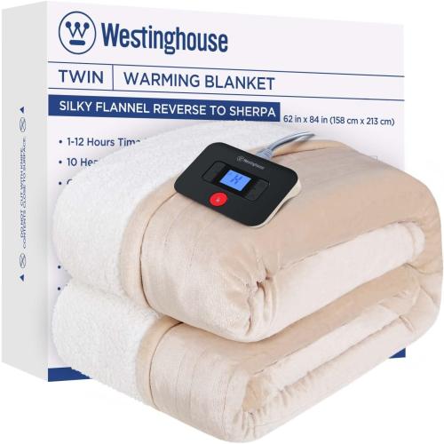 Westinghouse Electric Blanket Twin, Heated Blanket Twin Size with 10 Heating Levels and 1 to 12 Hours Heating Time Settings, Flannel to Sherpa Reversible, Machine Washable (62 x 84, Beige)