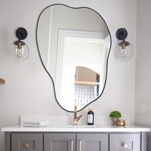 POZINO Asymmetrical Mirror, Black Irregular Mirrors, Cloud Shaped Mirrors, Unique Modern Frameless Mirror for Living Room Bathroom Bedroom Entryway Fireplace,30x20.5