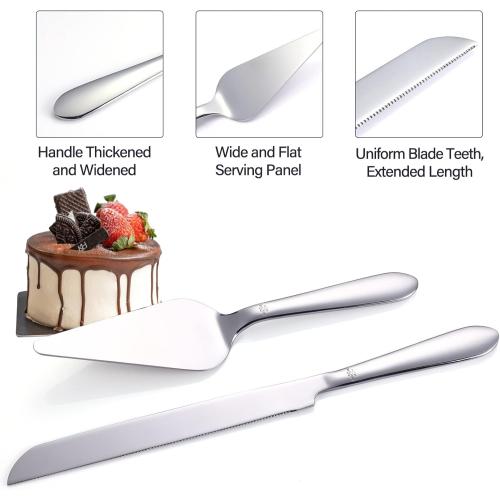 Cake Cutting Set for Wedding, Elegant Cake Knife and Server Set with Thickened Stainless Steel Rounded Edges, Cake Cutter and Pie Spatula for Birthday Anniversary, 2 Pcs, Silver