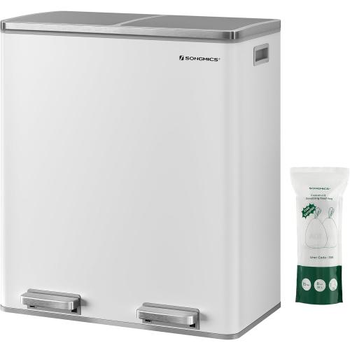 Size 2 x 8 Gallon SONGMICS Trash Can, Size 2 x 8 Gallon (2 x 30 L) Garbage Can for Kitchen, with 15 Trash Bags, 2 Compartments, Plastic Inner Buckets and Hinged Lids, Airtight, White and Gray ULTB60WT