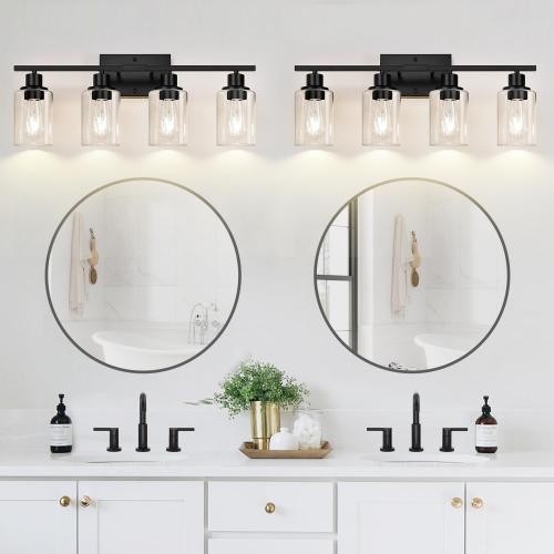 4-Light Bathroom Light Fixtures, Matte Black Modern Vanity Lights with Clear Glass Shades, Bathroom Wall Lamp for Mirror Living Room Cabinet Bedroom Porch