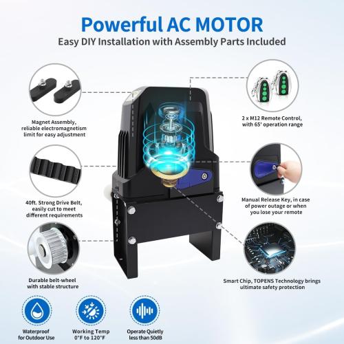 TOPENS BK800 Automatic Sliding Gate Opener Strong Belt Silent Drive Electric Gate Motor for Heavy Driveway Slide Gate Up to 1800 Pounds, Gate Operator AC Powered with 40ft Belt and Remote Control