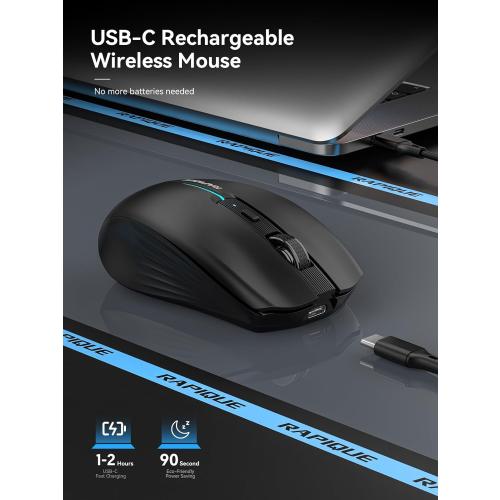 Black Bluetooth Wireless Mouse - (BT1/BT2 USB) Tri-Mode High Performance, Rechargeable, Quiet Click, Multi-Device Compatibility for Laptop, Computer, MacBook, Tablet, PC (Black)