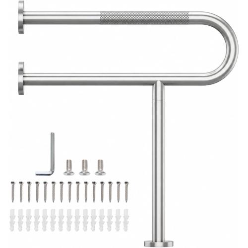 Toilet Grab Bar with Leg, Floor Mounted Knurled Safety Rail, Heavy Duty Brushed Nickel Stainless Steel Support Handle, Bathroom Stand Assist, Non-Slip Mobility Aid for Elderly, Disabled, 31 Inch