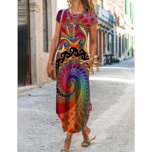 AHAIJ Women Summer Casual Maxi Dress Floral Printed Loose Pockets Short Sleeve Split Boho Dresses size small
