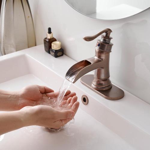 Homevacious Bathroom Faucet Copper Waterfall Bathroom Sink Faucets with Single Handle Rustic Vanity Farmhouse RV Faucet Suitable for 1 or 3 Holes with Pop-up Drain Deck Plate Hose