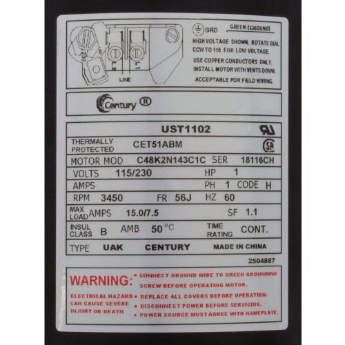 Century Electric UST1152 1 1/2-Horsepower Up-Rated Round Flange Replacement Motor (Formerly A.O. Smith)