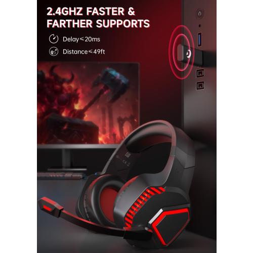 Wireless Gaming Headsets for PS5, PS4, Mac, Switch, PC, Computer - 2.4GHz & Bluetooth 5.2 Gamer Gaming Headphones Wireless, ENC Noise-Canceling Mic, 50MM Drivers, Red