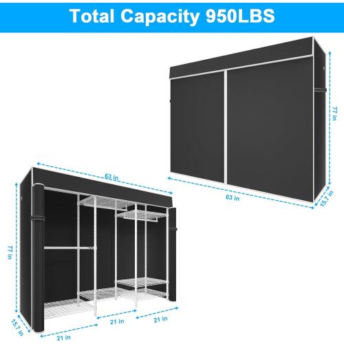 Ulif E13C Heavy Duty Closet Organizer System，Freestanding Clothing Racks for Hanging Clothes，Adjustable Garment Rack 63 W x 16 D x 77 H Hold 960 lbs，White Clothing Rack with Black Dustproof Cover