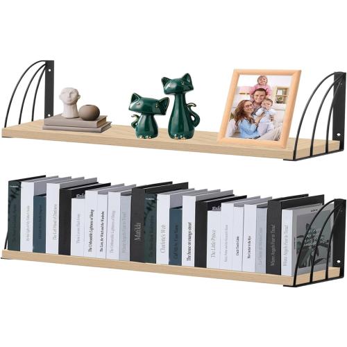 Long 48 Inch Oak Wall Bookshelf- Curved Fan-Shaped Design with Built-in Anti-Slip Book Stops|0.71 Thicker Heavy Duty White Oak Floating Shelves|Floating Book Shelf for Wall,Home Décor Set of 2