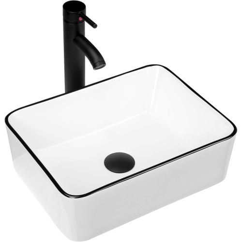 Ceramic Rectangular Bathroom Vessel Sink, 16'' x 12'' Above Counter Porcelain Small Sink with Faucet Combo, White Body with Black Trim on The Top