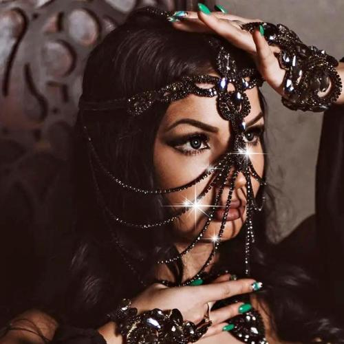 Black Crystal Flapper Head Chain Masquerade Mask Headpiece Wedding Bride Rhinestone Headbands Costume Headwear Women Hair Accessory