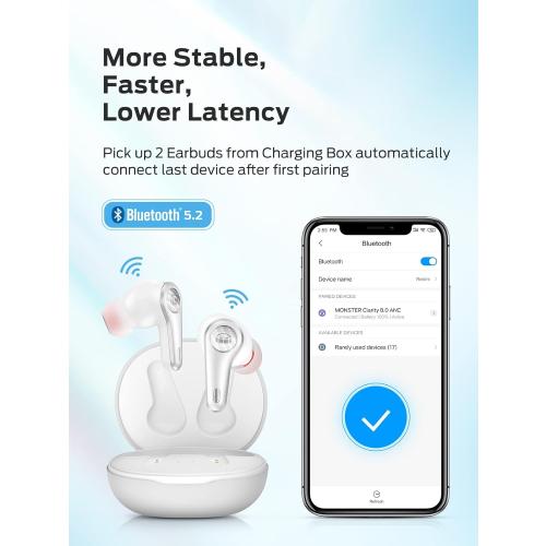 Monster Clarity 8.0 Hybrid Active Noise Cancelling Wireless Earbuds, 42dB in-Ear ANC Earphones Deep Bass with 6 Mics, Bluetooth 5.2, 50H Play Time with Wireless Charging Case