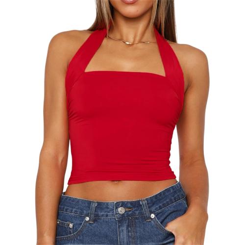 Red Size Small ForeFair Women Halter Neck Backless Crop Top Sexy Y2K Sleeveless Tank Top Open Back Slim Fit Tops