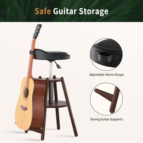 Ackitry Wooden Guitar Stool with Height Adjustable, Guitar Chair Seat with Guitar Strap, Padded Cushion, Footrest for Guitar Player Musician Adults, Guitar Stand Holds Acoustic Electric Guitars Bass