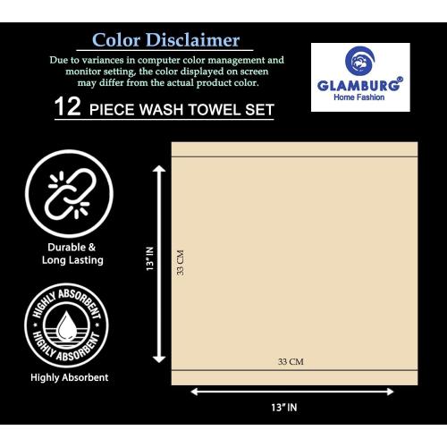 GLAMBURG Ultra Soft 12-Piece Washcloths Set 13x13-100% Ringspun Cotton - Durable & Highly Absorbent Face Towels - Ideal for use in Bathroom, Kitchen, Gym, Spa & General Cleaning - Ivory