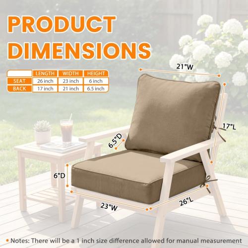 Sundale Outdoor Olefin Deep Seat Cushion Set of 2, Patio Chair Cushion and Pillow, Water-Resistant Sectional Sofa Pad with Straps Khaki, 23 x 26 x 6 Inches