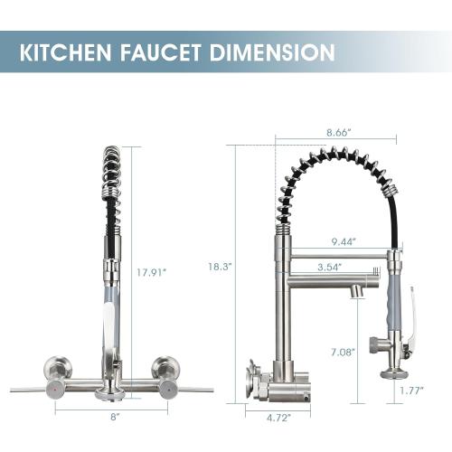 Wall Mount Kitchen Faucet with Pull Down Sprayer, 8 Inch Center Kitchen Sink Faucet, Heavy-Duty Commercial Wall Mount Faucets, 2 Handle Faucet for Kitchen Sink, Brushed Nickel