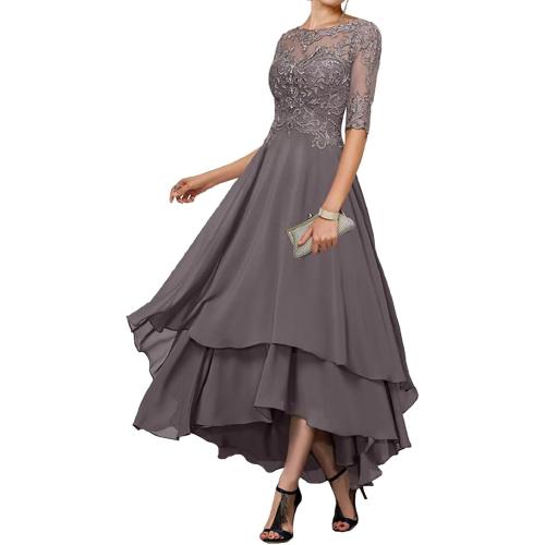 Size L....Geforsp Tea Length Mother of The Bride Dresses for Women with Sleeves Tiered Chiffon Lace Evening Formal Party Gown