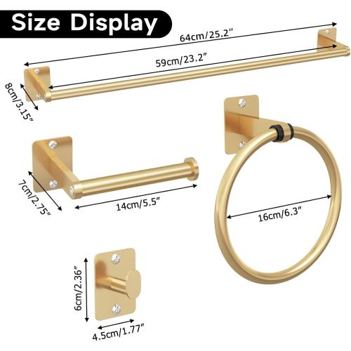 Bathroom Accessories Set, KLJKPA 4 Pieces Gold Bathroom Hardware Set, 24 inch Towel Bar, Towel Racks for Bathroom, Robe Towel Hooks, Toilet Paper Holder Wall Mounted