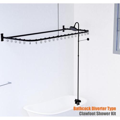 Clawfoot Tub Shower Kit,Add On Shower With Bathcock Diverter Faucet and 60 D Type Claw foot Tub Shower Curtain Rod Kit,D-Style Shower Rod and Clawfoot Tub Shower Faucet Set,Matte Black