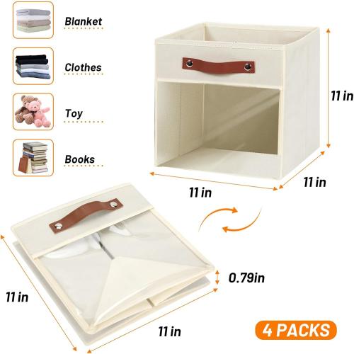 Cream and Brown HNZIGE 11 Inch Cube Storage Bin - Fabric Storage Organizer, Clear Canvas Collapsible Cubby for Home (Cream, 4 PCS)