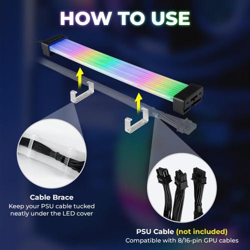 2 Pack TECWARE Flex RGB, Cable Cover Kit, Light Up LED Strip Set for PSU Extensions, 5V 3 Pin ARGB Sync, Compatible with 8-Pin or 16-Pin GPU Cable, 24-Pin Motherboard Cable, Black