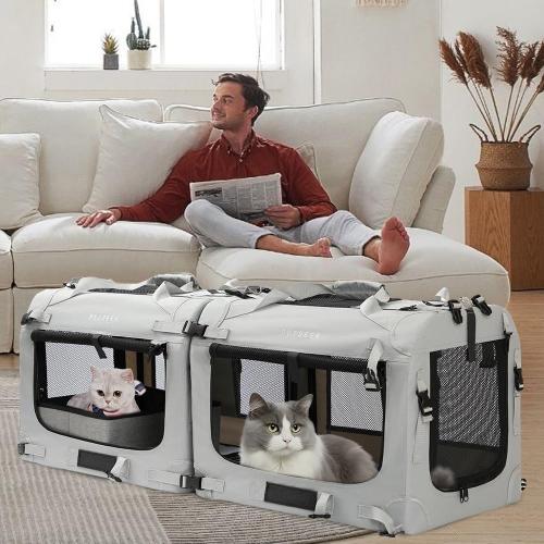 Size Extra Large Color Grey Cat Carrier Soft Sided, Portable Small Dog Carrier for 2 Cats, 24x16.5x16 Car Travel Folding Comfortable Design with Litter Box and Bowls, Grey-2  Litter Box  Bowl*2
