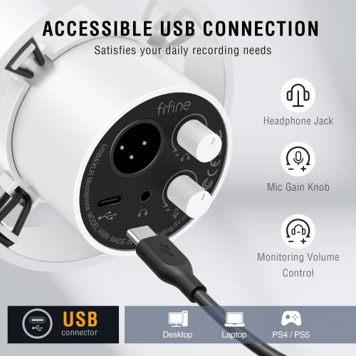 FIFINE Studio XLR Dynamic Microphone, USB PC Podcast Microphone for Streaming Recording, XLR/USB Vocal Mic with Tap-to-Mute, Gain Knob, Headphones Monitoring-Amplitank K688 White