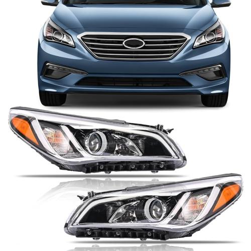 Headlight Assembly for Hyundai Sonata, Passenger & Driver Side Halogen Headlamp with Clear Lens Black Housing Amber Reflector, 1 Pair,