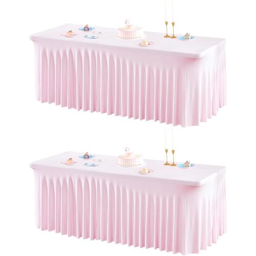 2 Packs Size 6 foot Pink Table Clothes for 6 Foot Rectangle Tables, One-Piece Wrinkle Resistant Stretch Spandex Table Covers with Skirt for Event Banquet Wedding Birthday Party