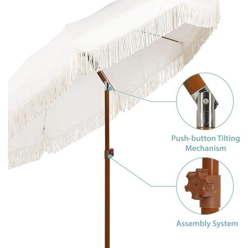 AMMSUN 7ft Patio Umbrella with Fringe Outdoor Tassel Umbrella UPF50  Premium Steel Pole and Ribs Push Button Tilt, Cream White