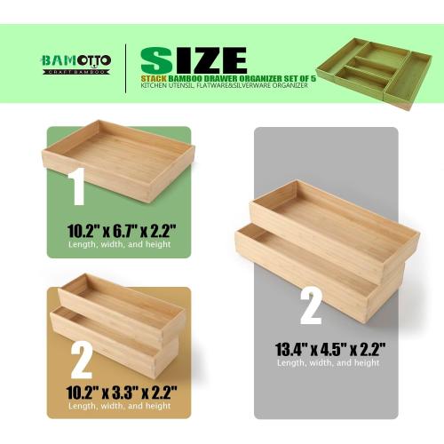 Stack Bamboo Drawer Organizer Set of 5, Kitchen Utensil, Flatware&Silverware Organizer-Wood Laminated Stackable for Kitchen, Bedroom, 13.4''x4.5''*2 10.2''x3.3''*2 10.2''x6.7''*1