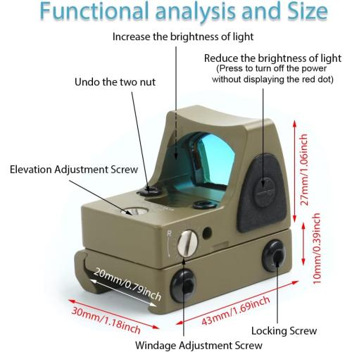Tactical RMR Red Dot Sight, 3.25MOA Picatinny Mount Adjustable Reflex Sight, 20mm Rail Mount Shunting Red Dot Adjustable-Brightness Scope for Pistol Handgun