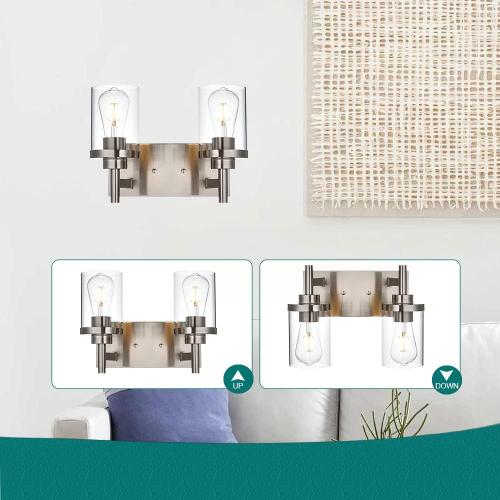 2 Light Black Vanity Wall Sconce Lights Brushed Nickel Industrial Bathroom Vanity Lighting with Clear Glass Shade Farmhouse Matte Wall Lamp for Hallway, Bathroom Wall Sconce Fixtures